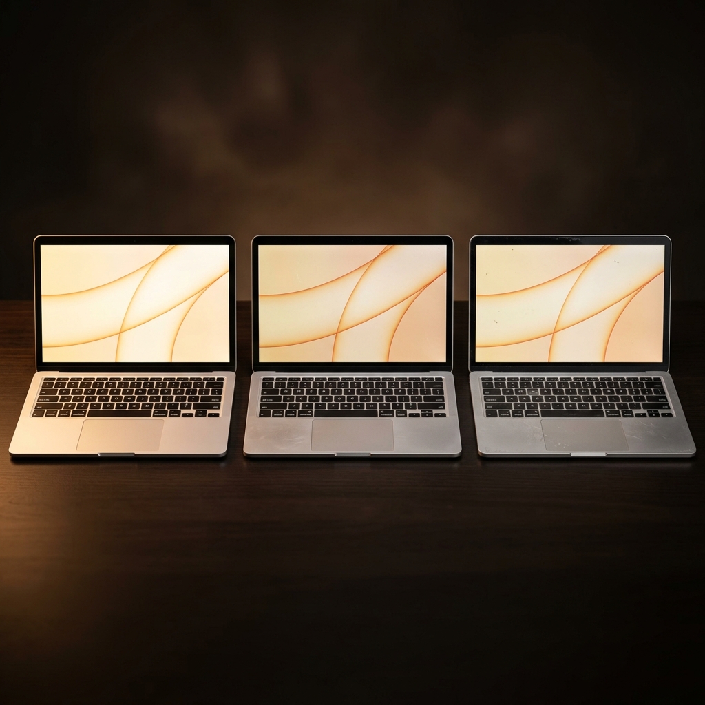 Three laptops showing different cosmetic conditions