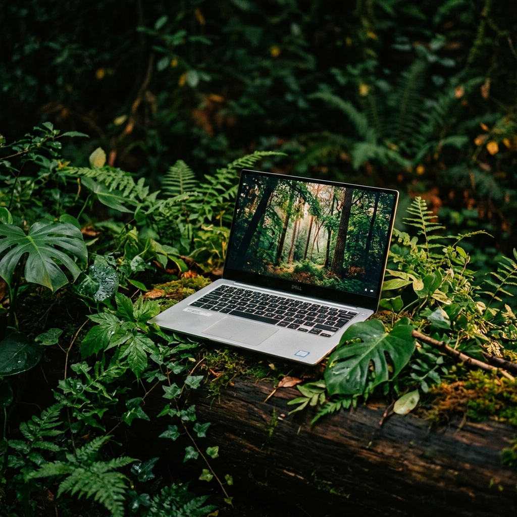 Refurbished laptop surrounded by green leaves